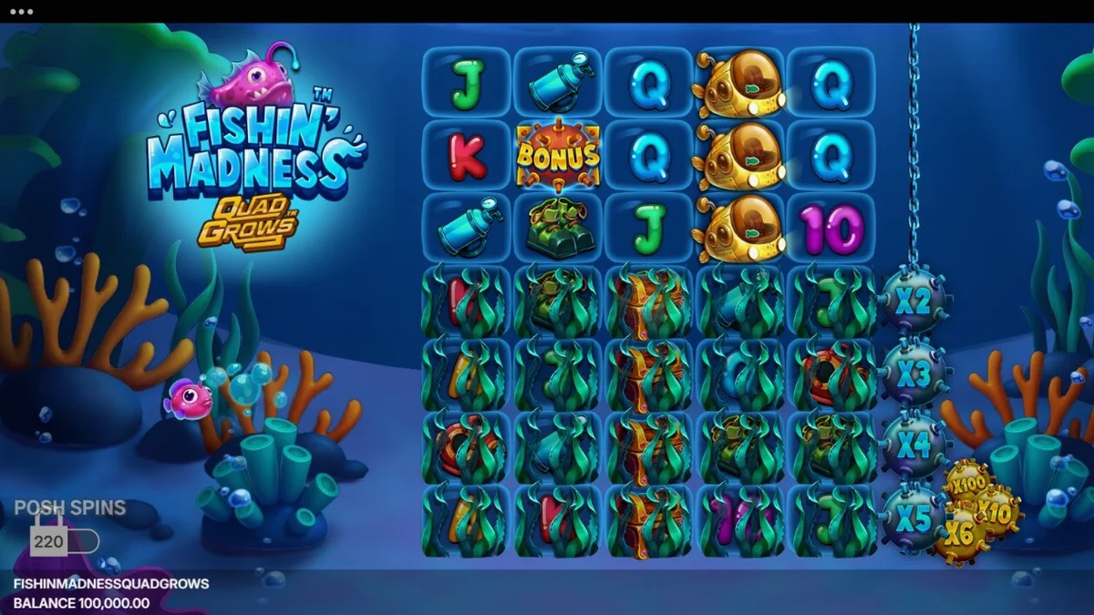 Fishin’ Madness Quadgrows slot game interface featuring deep sea theme and expanding reels